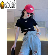 G.DUCKKIDS爵士舞服裝女童學(xué)生夏季潮流時髦街舞套裝兒童韓版女孩走秀舞蹈服 黑色T恤 140 cm