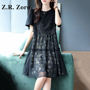 Z.R.Zoro奢侈品連衣裙女2025夏季新款潮流時(shí)尚圓領(lǐng)蕾絲網(wǎng)紗拼接印花連衣裙 黑色 M