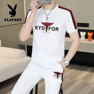 花花公子（PLAYBOY）短袖刺繡冰絲T恤套裝男歐貨痞帥透氣體恤兩件一套青年輕奢彈力T恤 T8079白色【上衣+褲子】 M 110斤內(nèi)