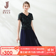 經(jīng)典故事（JANE STORY）經(jīng)典故事2025夏季新款V領(lǐng)拼按蕾絲裙修身通勤顯瘦短袖雪紡連衣裙 深藍(lán)色 M33 M
