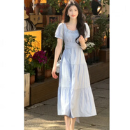 茉衣雅（MOYIYA）法式藍色方領(lǐng)連衣裙女2025夏季新款海邊度假風遮肚溫柔初戀長裙子 藍色【系帶連衣裙】裙長115左右 M 98-110