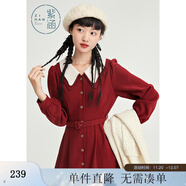 紫涵波浪翻領(lǐng)連衣裙秋季高收腰顯瘦長(cháng)裙文藝森系長(cháng)裙百搭 復古紅 M