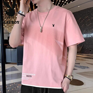花花公子（PLAYBOY）純棉短袖恤男夏季薄款品牌寬松體恤男款夏天半袖上衣潮 DT123 粉色(單件裝) 3XL (160-180斤)
