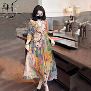 巷前撿漏尾單感氣質(zhì)天絲顯瘦中長款裙子法式復(fù)古印花連衣裙女 圖片色 M [建議90-105斤]