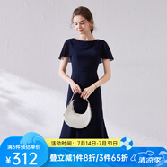 經(jīng)典故事（JANE STORY）法式魚尾連衣裙女夏2025新款氣質(zhì)別致設(shè)計(jì)感藍(lán)色雪紡裙收腰小個(gè)子 M05深藍(lán)色 M