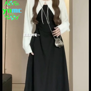 YOMC2024春秋新款甜美收腰顯瘦中長(cháng)款吊帶連衣裙女披肩上衣兩件套裝女 中長(cháng)款連衣裙+上衣 S _建議80-100斤