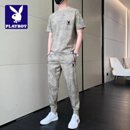花花公子;PLAYBOY潮流套裝男夏季經(jīng)典帥氣短袖短褲2025年新款時尚簡約舒適搭配一套 卡其 M 95-118斤