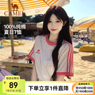 駱駝純棉T恤女2025春夏休閑簡(jiǎn)約三條杠微寬松純棉短袖上衣男 N056A，無(wú)際白/櫻桃粉 ，中性【微寬版】 M