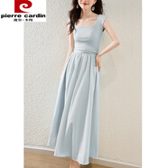 皮爾卡丹（pierre cardin）夏季韓版新款森系甜美韓國淑女方領(lǐng)修身抽繩設計背心連衣裙 藍色 S 80-100斤
