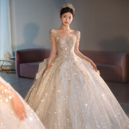 鉑朗尼奧婚紗新娘主紗2025高級感齊地長袖輕新款重工法式大碼小個子質(zhì)奢華 白色齊地款單婚紗無配件 S 均碼
