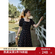 獨(dú)束大碼女裝抽繩設(shè)計(jì)碎花連衣裙女夏季新款胖mm法式茶歇裙 黑底紅花  4XL