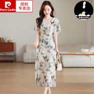 皮爾卡丹（pierre cardin）感飄逸桑蠶絲蝴蝶印花連衣裙高腰修身顯瘦氣質(zhì)時(shí)尚真絲A字裙 圖片色 M
