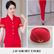 新中式鼓舞團(tuán)軍鼓服裝紅色西裝套裝女演出服空姐樂(lè)隊(duì)打大鼓表演服 紅上衣+紅長(zhǎng)褲+帽子[送肩章] S偏小建議選大一號(hào) 均碼