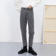 2024新款韓版休閑牛仔褲男修身小腳純色九分褲百搭青年長(cháng)褲子潮牌 灰色 2XL 130-145斤