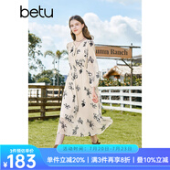 百圖betu女裝秋季新款連衣裙V領(lǐng)正肩長(zhǎng)袖X型印花連衣裙女2308T85 杏色 L