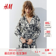 H&M女裝花卉連衣裙夏季V領(lǐng)燈籠袖腰部系帶微喇短裙連身裙1229402 白色/灰色花朵 155/80
