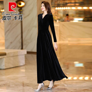 皮爾卡丹高檔氣質(zhì)春秋長(cháng)袖金絲絨演出走秀旗袍禮服長(cháng)裙寬松顯瘦時(shí)尚大擺裙 黑色  M 建議80-96斤