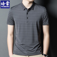 CPY培蒙翻領(lǐng)條紋冰絲透氣短袖t恤男夏季翻領(lǐng)polo衫中年爸爸裝上衣服 灰色 pm3800t 均碼 165