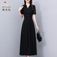 啄木鳥(niǎo)夏新款雪紡連衣裙遮肚顯瘦氣質(zhì)媽媽dress2025 黑色 7266款 M (95-104斤)