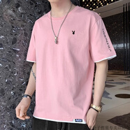 花花公子（PLAYBOY）純棉短袖t恤男夏季薄款品牌寬松體恤男款夏天半袖上衣潮 DT102 粉色(單件裝)-花花公子官 M (90-105斤)