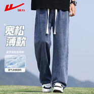 回力牛仔褲夏季男寬松褲子男直筒休閑褲透氣闊腿褲美式長褲深藍XL