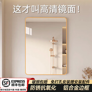 含雅鋁合金衛生間浴室鏡子免打孔掛墻式洗手間廁所化妝大鏡子貼墻自粘 典雅金【30*40cm】高清防爆