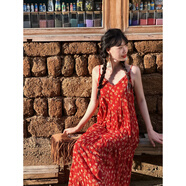 歌司朗波西米亞吊帶連衣裙民族風(fēng)女新疆沙漠旅游紅色印花穿搭復古長(cháng)裙度 紅色吊帶連衣裙 均碼