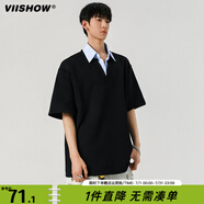 viishow夏季拼接假兩件短袖POLO衫男女潮牌寬松情侶休閑百搭T恤 黑色 M