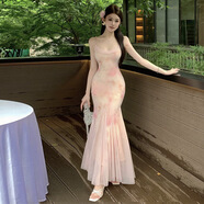 茯見(jiàn)法式粉色打底裙秋冬碎花網(wǎng)紗吊帶連衣裙女2025年修身收腰長(cháng)裙子 淺粉色 S