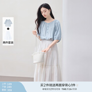 香影中袖襯衫女圓領(lǐng)2025夏裝新款慵懶泡泡袖氣質(zhì)淑女寬松藍色上衣 套裝 襯衫+半裙 XL 170/92A/125-140斤