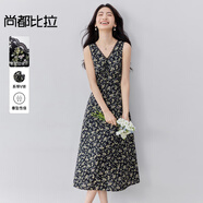 尚都比拉蕾絲邊V領(lǐng)玫瑰印花碎花裙女夏季浪漫顯瘦A字連衣裙性感中長(zhǎng)裙