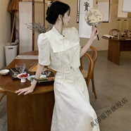 真即新中式復古套裝盤扣短袖襯衫女夏季高腰a字裙半身裙中國風兩件套 杏色上衣+裙子  L 建議100-110斤