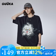 古由卡（GUUKA）美式復古t恤男士寬松短袖夏季情侶裝休閑風半截袖青年上衣打底衫 黑色 S