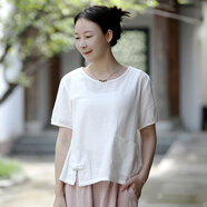 亂在江南 文藝休閑襯衫女夏裝新品簡約圓領短袖上衣棉麻短款襯衣 白色 XL