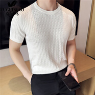 富貴鳥（FUGUINIAO）麻花條紋男士針織短袖冰絲t恤夏季薄款舒適百搭時尚潮流圓領(lǐng)體恤 白色 XL