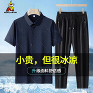 稻草人父親節(jié)禮物冰絲休閑套裝男士夏季透氣Polo衫速干短袖爸爸裝兩件套 藏青兩件套-【面料升級(jí)】 M