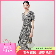 敦奴（DUNNU）dunnu敦奴2024夏新款顯瘦V領(lǐng)雪紡植物花卉印花連衣裙女 正黑色 3XL