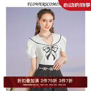 flowerscoming花兒開了2024夏季新款法式珠片刺繡蝴蝶結(jié)T恤女復(fù)古修身減齡上衣 白色 S