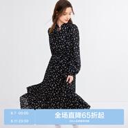 樂町V領(lǐng)碎花長裙20千金風(fēng)遮肉顯瘦長袖裙黑色雪紡裙 彩色印花（現(xiàn)貨） XS