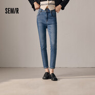森馬牛仔褲女高腰小腳褲小個(gè)子顯瘦冬保暖修身抓絨長(cháng)褲顯腿長(cháng)韓版 牛仔藍灰88401（僅此色有功能） 25