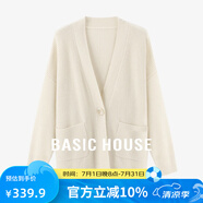 Basic House/百家好灰色V領(lǐng)毛衣開衫顯瘦綿羊毛一粒扣中長(zhǎng)款外套 白色 M 90-120斤