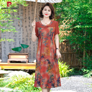 皮爾卡丹（PIERRE CARDIN）夏季新中式中年女裝連衣裙寬松洋氣m媽裝夏裝旗袍裙中長裙子氣質(zhì) 紅色 XL 【建議80-105斤】