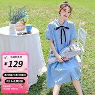 婧麒孕婦裝夏裝連衣裙春夏季薄款韓版簡約孕媽中長裙子時尚洋氣大碼 藍色-系帶襯衫領可哺乳jly60895 XL