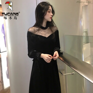 啄木鳥春秋季絲絨性感露背連衣裙女釘珠掛脖復(fù)古設(shè)計(jì)感氣質(zhì)名媛小香風(fēng)裙 黑色 M