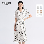深呼吸DEEP BREATH女裝法式V領氣質(zhì)收腰碎花連衣裙A500197 白-黑點 M (3碼)