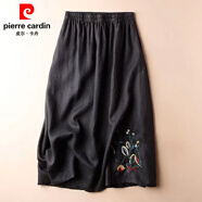 皮爾卡丹復古棉麻夏季半身裙女2025新款刺繡純色大擺裙百搭顯瘦中長款女裙 黑色 L 【105-125】
