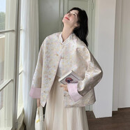 俞兆林（YUZHAOLIN）新中式國風(fēng)緞面印花拼接外套女2025春季新款時尚減齡短款夾克上衣 粉色【面料升級】 M 106-120斤