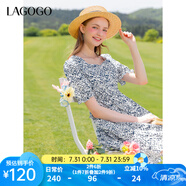 lagogo純棉高腰文藝風(fēng)連衣裙女拉谷谷夏季新款方領(lǐng)甜美泡泡袖裙子 混色(Y0) XL