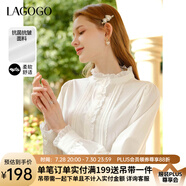lagogo【抗菌抗皺】法式木耳邊白襯衫女士拉谷谷春秋長袖立領(lǐng)上衣 本白色(V1) L