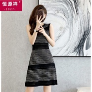 恒源祥（HYX）小香風(fēng)夏季女圓領(lǐng)無(wú)袖冰絲針織連衣裙收腰氣質(zhì)a字短裙外穿打底裙 黑色 S 建議98斤內(nèi)